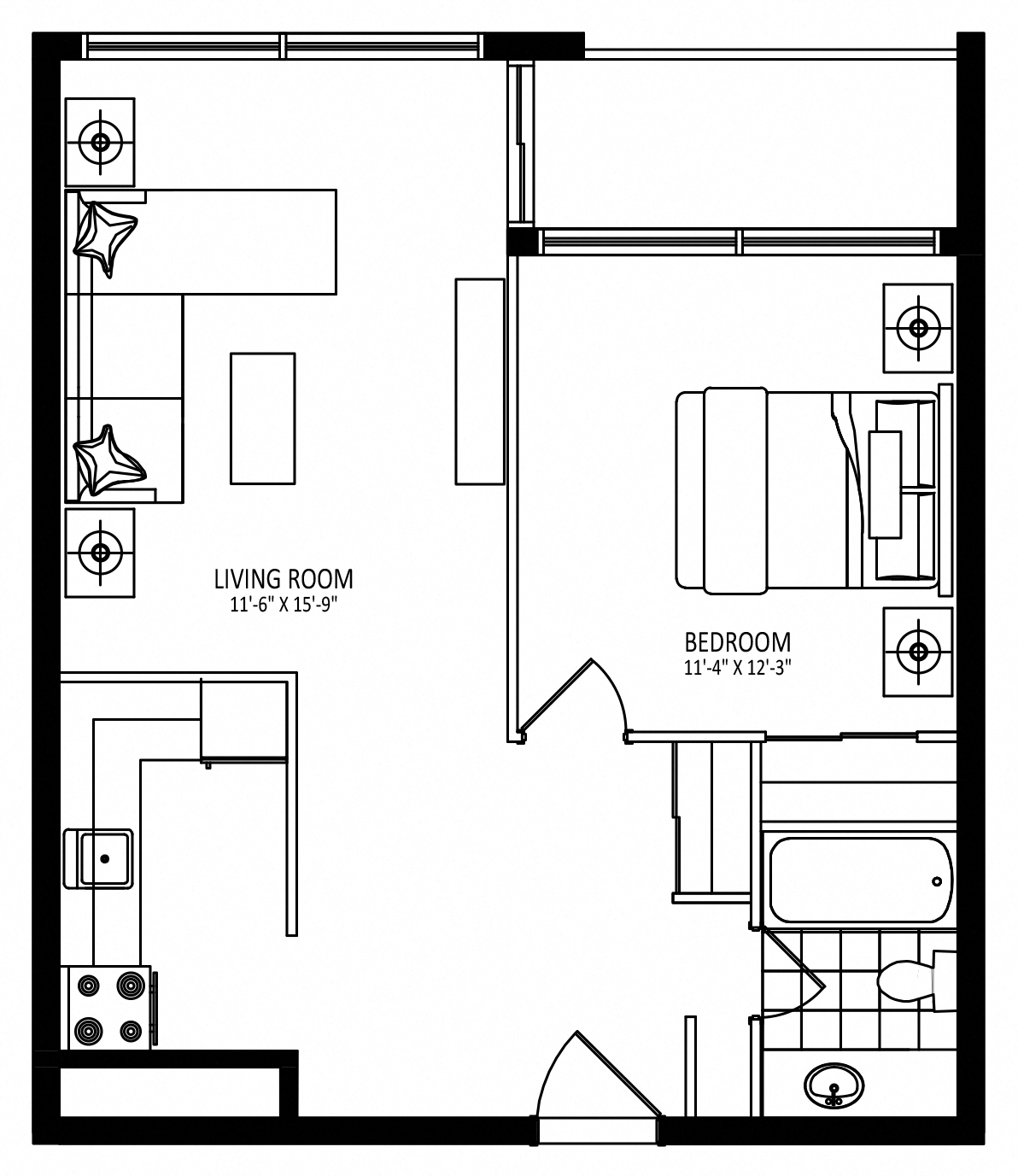 Floor plan for 1 bed, 1 bath, 605 sqft